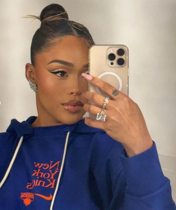 Jordyn Woods showed off a massive diamond ring in new photos after her boyfriend Karl Anthony-Towns was traded to the Knicks.