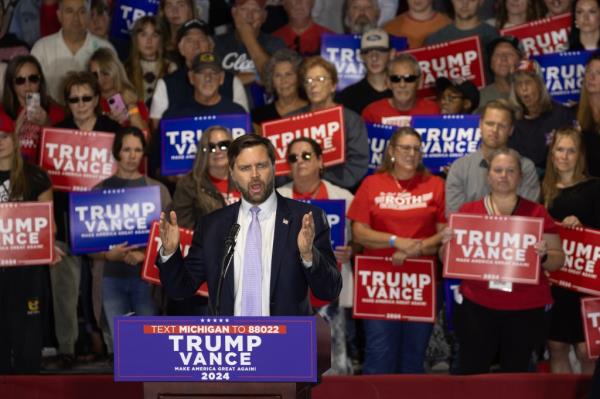 Sen. JD Vance (R-OH) speaks to supporters during a campaign event at the Northwestern Michigan Fair grounds on September 25, 2024.