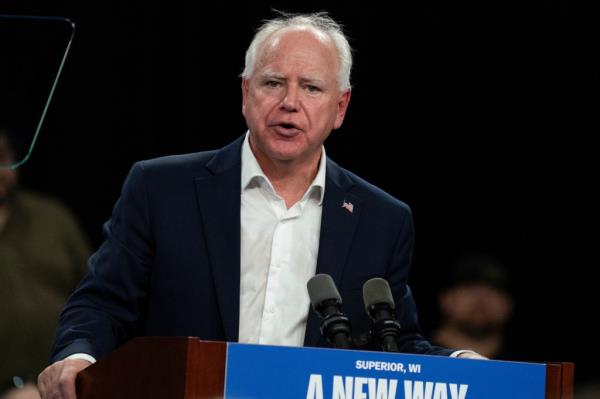 Democratic vice presidential nominee, Minnesota Governor Tim Walz, delivers remarks at an election campaign event in Superior, Wisconsin, U.S. September 14, 2024. 