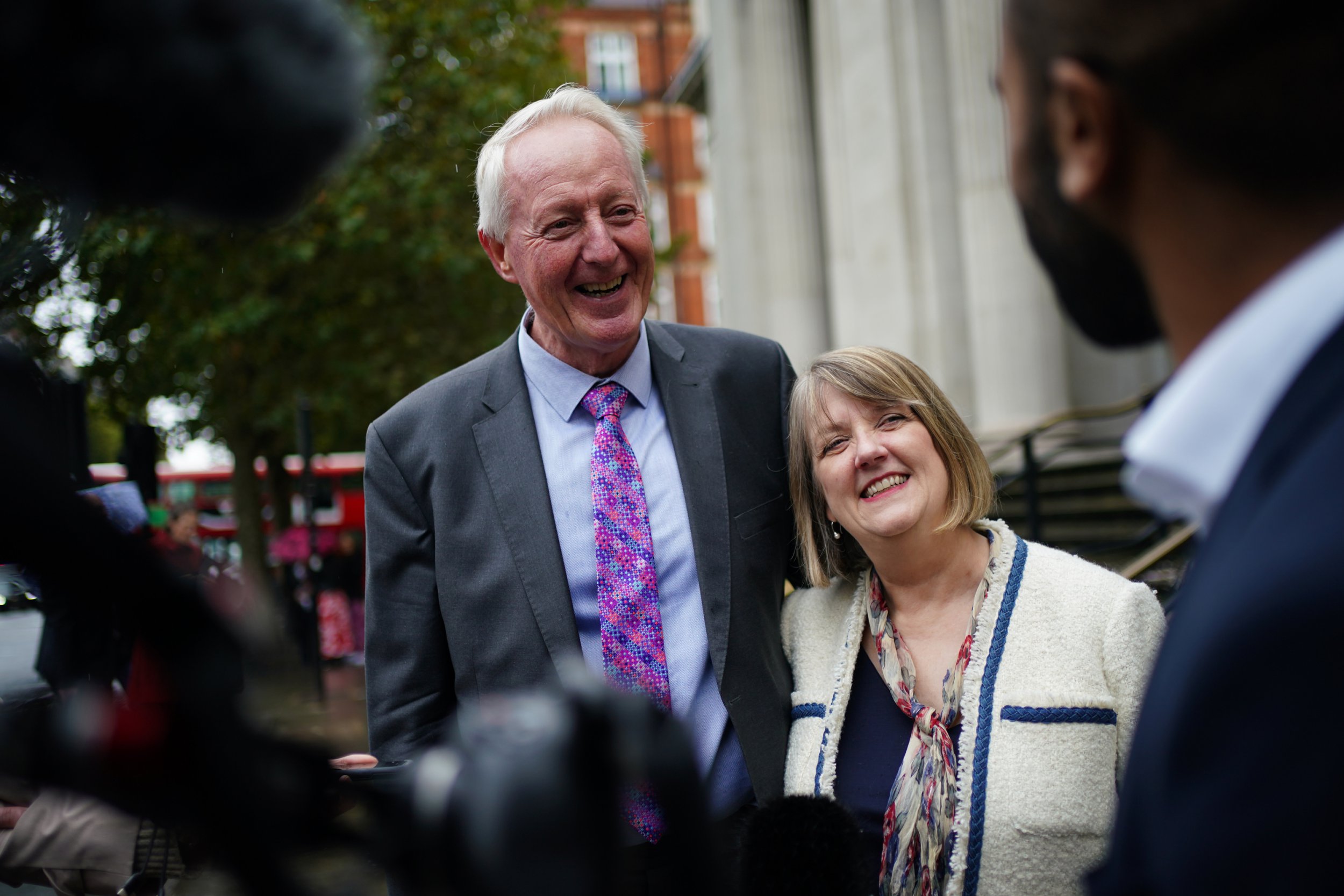 Alison Cathcart and Mark Rimmer from Northern Ireland, speak to the media after renewing their vows 